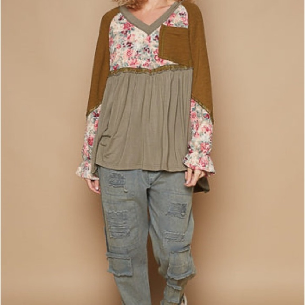 POL Solid & Floral Print Babydoll Top in Olive Mixed-Media -NWOT-Sz L